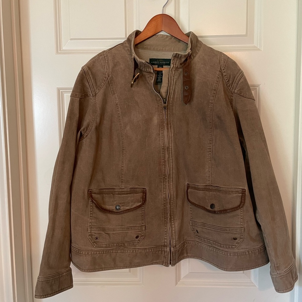 Lauren Jeans Co. Leather Trim Tan Denim Jacket, size 20W
